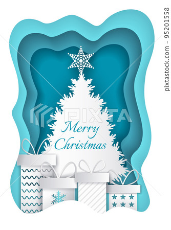 Merry Christmas Paper Fir-tree and Presents Vector 95201558