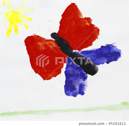 Illustration made by child of butterfly flying to sun Illustration made by child of butterfly flying to sun 95201612
