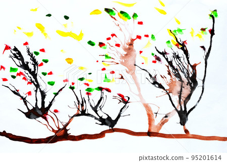 Illustration made by child of trees with swaying branches in wind Illustration made by child of trees with swaying branches in wind 95201614