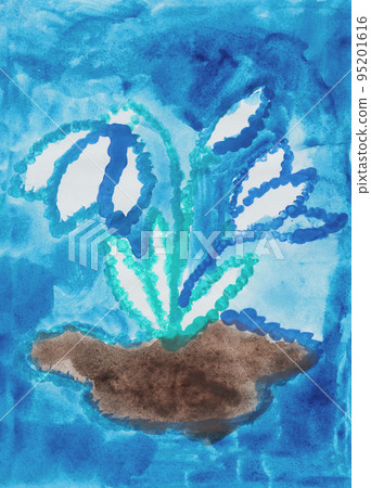 Illustration made by child of snowdrop on blue background Illustration made by child of snowdrop on blue background 95201616