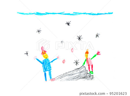 Illustration made by child of two persons playing on snow slide Illustration made by child of two persons playing on snow slide 95201623