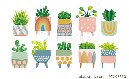 House plants set in colorful flowerpots. Trendy home decor with plants vector illustration. Flowers in pot 95202210