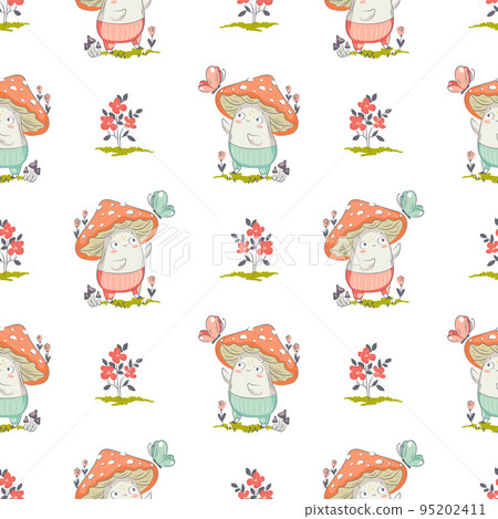 Mushroom cartoon vector illustration for posters, T-shirt print, postcard. Kids card print template and seamless background pattern Mushroom cartoon vector illustration for posters, T-shirt print, postcard. Kids card print template and seamless background pattern 95202411