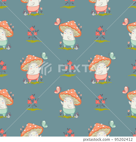 Mushroom cartoon vector illustration for posters, T-shirt print, postcard. Kids card print template and seamless background pattern Mushroom cartoon vector illustration for posters, T-shirt print, postcard. Kids card print template and seamless background pattern 95202412