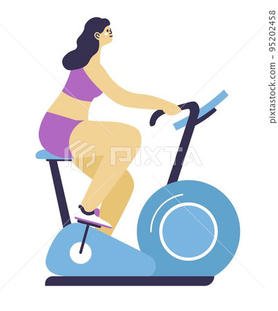 Woman working on bike, sports exercises vector Woman working on bike, sports exercises vector 95202458