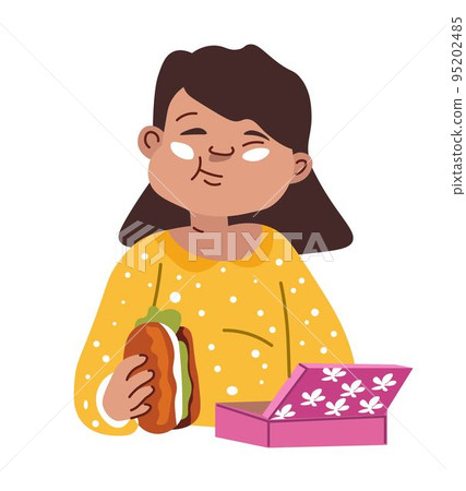 Kid eating sandwich, school lunch or dinner vector 95202485