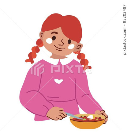 Girl eating soup at home or school canteen vector Girl eating soup at home or school canteen vector 95202487