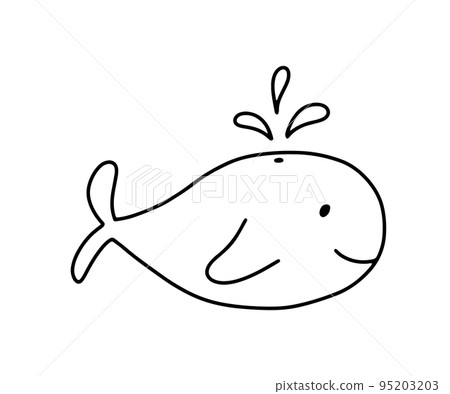 Cute doodle whale isolated on white background. Vector outline marine illustration for coloring page 95203203