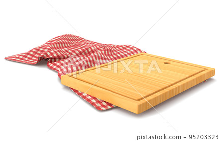 Wooden cutting board on red plaid towel 3D render. Rectangle wood tray and chequered tablecloth with folds and gingham pattern, natural kitchen plank for cut food on white background Wooden cutting board on red plaid towel 3D render. Rectangle wood tray and chequered tablecloth with folds and gingham pattern, natural kitchen plank for cut food on white background 95203323