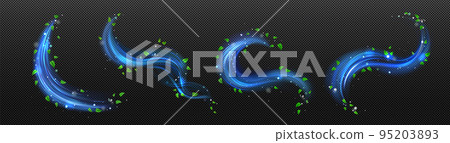 Freshness effect, blue air flow with green leaves 95203893