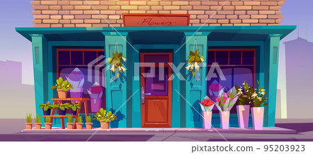 Flower shop facade, traditional city store front Flower shop facade, traditional city store front 95203923