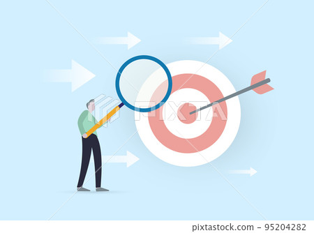 Business analysis to increase sale, marketing target audience research concept. Businessman holding magnifying glass analyzes the ultimate goal and directions of development to achieve it Business analysis to increase sale, marketing target audience research concept. Businessman holding magnifying glass analyzes the ultimate goal and directions of development to achieve it 95204282