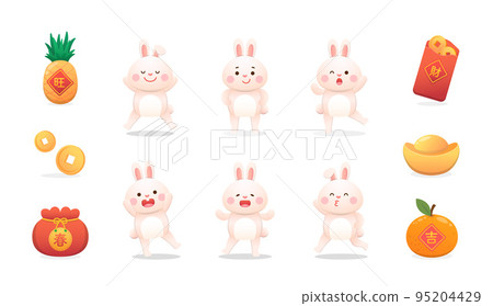 中國農曆新年與可愛兔角色或吉祥物,各種新年元素:紅紙包或鳳梨或橘或金元寶,向量卡通風格 95204429