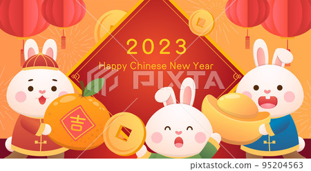 中國農曆新年與可愛兔角色或吉祥物的海報,2023兔年設計,春聯與燈籠,向量卡通風格 中國農曆新年與可愛兔角色或吉祥物的海報,2023兔年設計,春聯與燈籠,向量卡通風格 95204563