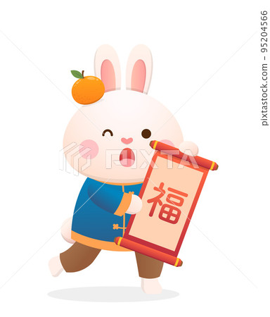 Chinese lunar new year with cute rabbit character or mascot, spring couplet with scroll, year of the rabbit, vector cartoon style 95204566