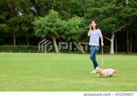 在公園里和狗玩耍的女人 95204807