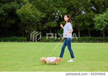 在公園里和狗玩耍的女人 95204808