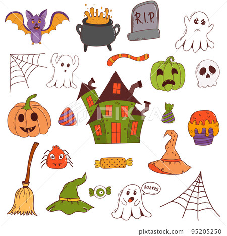 Funny halloween set: pumpkin, ghost, witch hat, bat, sweets, spider, broom. Trick or treat concept. Vector illustration in hand drawn style Funny halloween set: pumpkin, ghost, witch hat, bat, sweets, spider, broom. Trick or treat concept. Vector illustration in hand drawn style 95205250