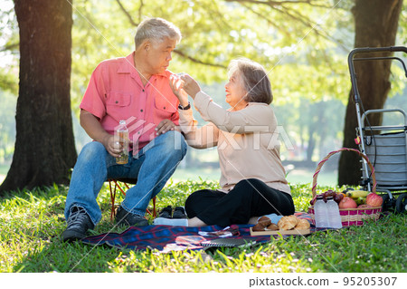 Happy old elderly couple spouses relaxing and sitting on a blanket in the park and sharing few precious memories. Senior couple having great time together on a picnic. concept of mature relationships Happy old elderly couple spouses relaxing and sitting on a blanket in the park and sharing few precious memories. Senior couple having great time together on a picnic. concept of mature relationships 95205307