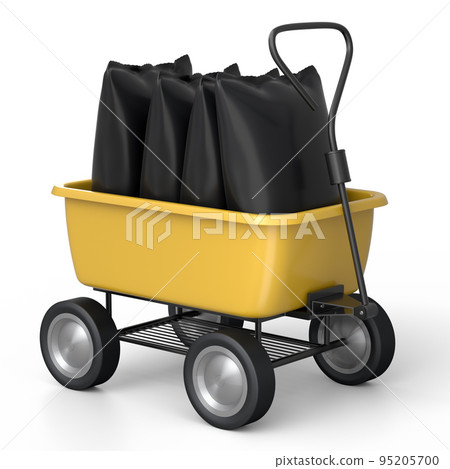 Garden wheelbarrow isolated on white background. Handcart with bags. Garden wheelbarrow isolated on white background. Handcart with bags. 95205700
