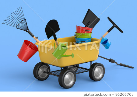 Garden wheelbarrow with garden tools like shovel, watering can and fork on blue Garden wheelbarrow with garden tools like shovel, watering can and fork on blue 95205703