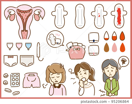 Physiology illustration icon set such as sanitary products, poor physical condition Physiology illustration icon set such as sanitary products, poor physical condition 95206864