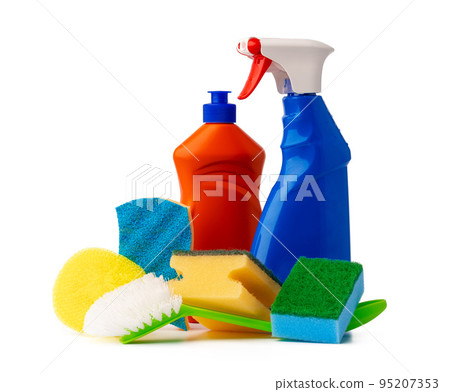 Sanitary household cleaning items isolated on white background 95207353