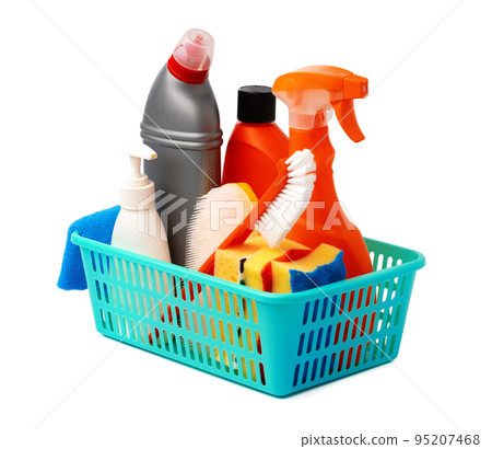Cleaning items in basket isolated on white background 95207468