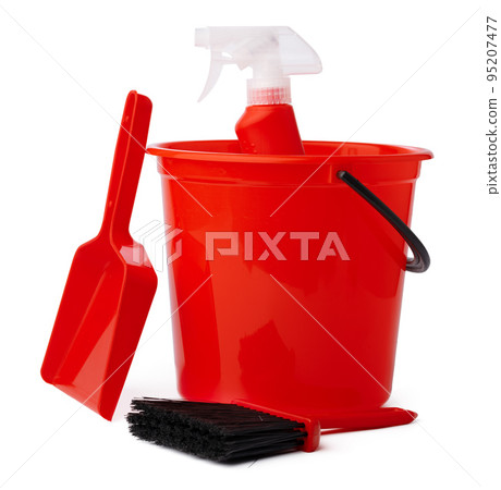 Red bucket with cleaning supplies isolated on white background 95207477