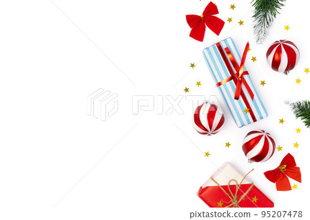 Top view Christmas decorations composition on white background with copy space 95207478