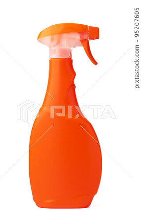 Orange plastic bottle of liquid detergent isolated on white Orange plastic bottle of liquid detergent isolated on white 95207605
