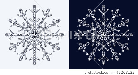 Fancy monochrome snowflake made of jewelry chains with ball beads. Elegant jewel illustration for winter sales, christmas, new year holiday, gift decoration. Fancy monochrome snowflake made of jewelry chains with ball beads. Elegant jewel illustration for winter sales, christmas, new year holiday, gift decoration. 95208122