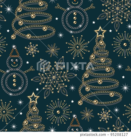 Seamless pattern with spiral christmas tree, snowman, snowflakes made of jewelry gold, silver chains, shiny ball beads. Small stars, sparkles on green background 95208127