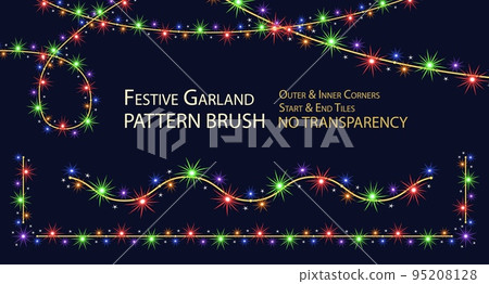 Pattern seamless brush with festive colorful garland. Red, orange, purple, blue, green glowing sparkles, stars on wire strings. Decorations for Xmas, new year, birthday, party holidays No transparency 95208128