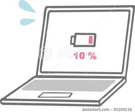 沒電的電池電量低消耗的筆記本電腦黑白線描插圖素材 95209216