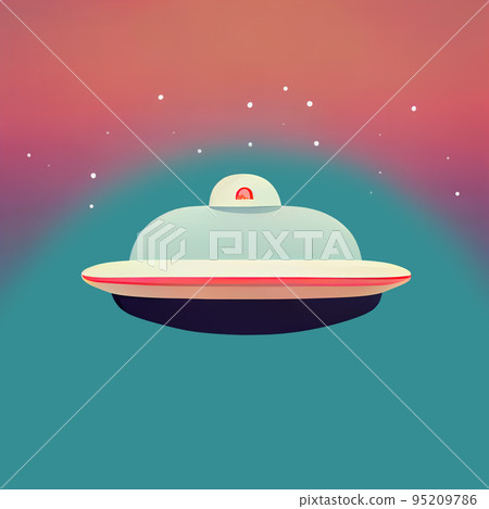 Flying saucer in the pink-blue sky. Abstract flying saucer in the sky. Spaceship in the sky. Digital illustration. 95209786