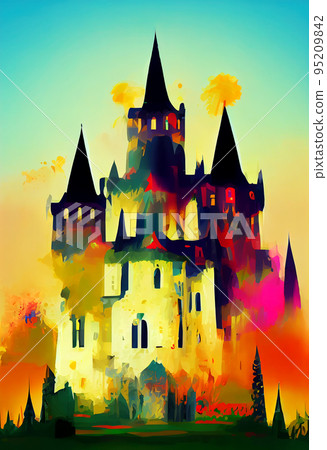 Multicolored castle abstract illustration. Picturesque old castle. Colorful castle. Digital illustration. Multicolored castle abstract illustration. Picturesque old castle. Colorful castle. Digital illustration. 95209842