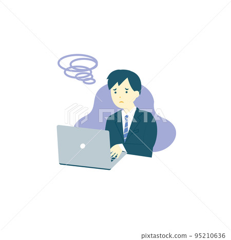 一個穿著西裝的男人在使用電腦/工作/打字時擔心 95210636