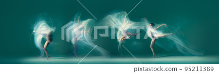 Lightness and weightlessness. Flexible beautiful ballet dancer dancing isolated on cyan color background. Concept of art, beauty, aspiration, creativity. 95211389