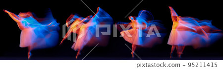 Development of movements of one beautiful ballerina dancing isolated on dark background in mixed neon light. Concept of art, beauty, aspiration, creativity. 95211415