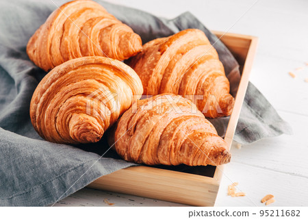 Fresh croissants, jam and coffee on white wooden table. Close up. Fresh croissants, jam and coffee on white wooden table. Close up. 95211682