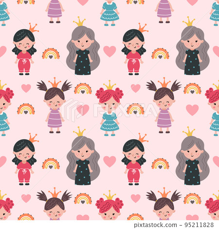 Cute princess with crown on head. Pink pattern for girl clothes. Fairy and rainbow. Seamless background in nursery. Printing on fabric and wrapping paper. Cute princess with crown on head. Pink pattern for girl clothes. Fairy and rainbow. Seamless background in nursery. Printing on fabric and wrapping paper. 95211828