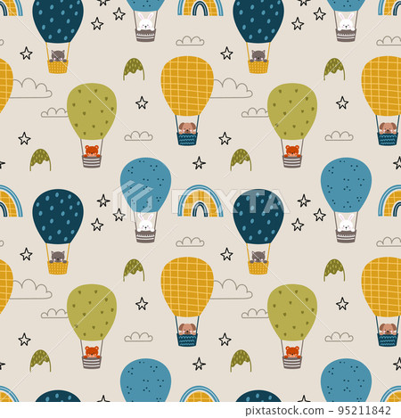 Animals fly in air balloon. Seamless pattern for children room. Endless background for printing on fabric and wrapping paper. Cute baby illustration. 95211842