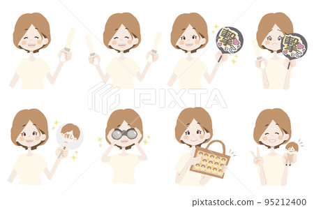 [Otaku illustration/penra, paper fan, binoculars, pain, holding a cloth] Variation set of facial expressions and poses 95212400