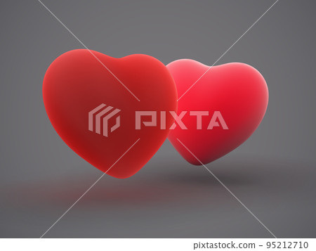 Two 3D red hearts shape on grey background. 95212710