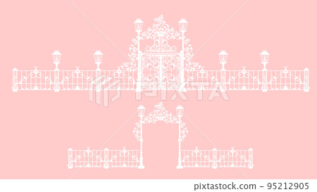 vector silhouette of arch gate with rose flowers decor, elegant fence and street lights 95212905