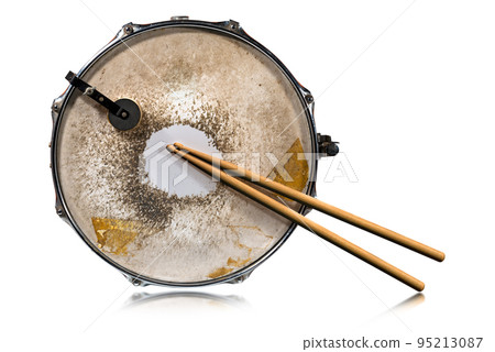 Wooden Drumsticks and Metallic Snare Drum Isolated on White Background. 95213087