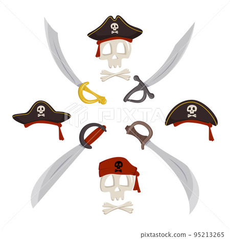 Skeleton skull and crossbones in pirate cocked hat, crossed sabers, knight and warrior. Item for Halloween, holiday and children design. Vector flat illustration Skeleton skull and crossbones in pirate cocked hat, crossed sabers, knight and warrior. Item for Halloween, holiday and children design. Vector flat illustration 95213265