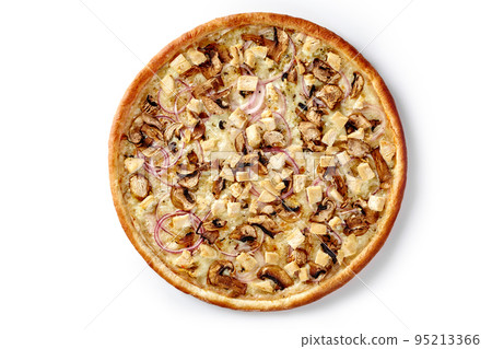 Pizza with cream cheese sauce, chicken fillet, mushrooms and purple onions isolated on white 95213366