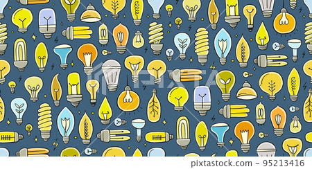 Light bulbs collection. Ecology Concept art. Symbol of creativity, innovation, inspiration, invention and idea. Hand drawn style, seamless pattern background for your design 95213416